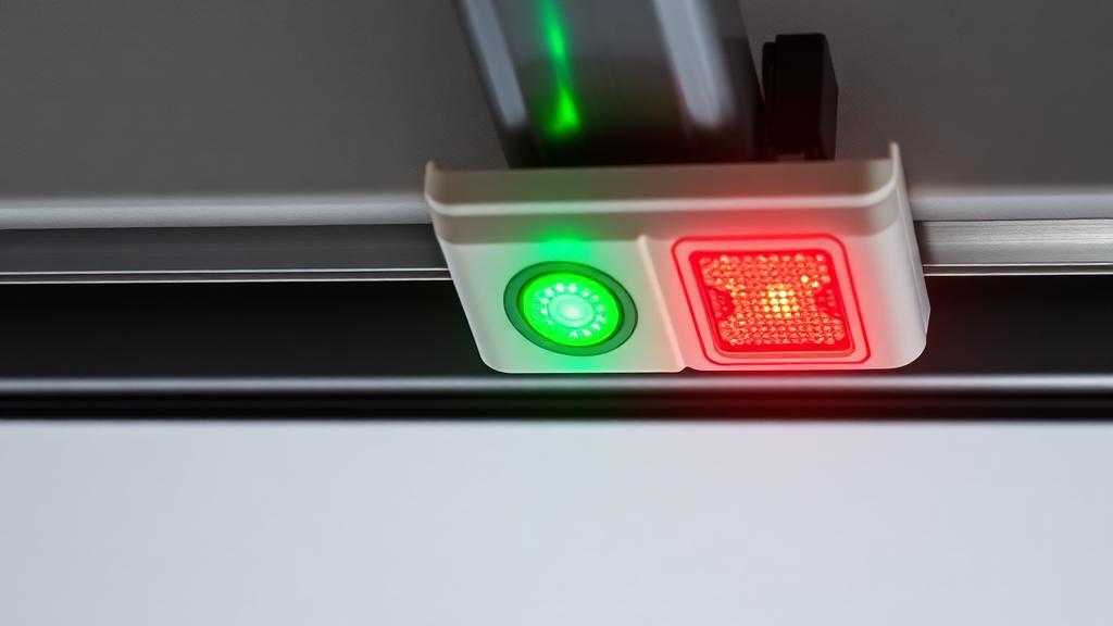 Close-up of garage door safety sensor with LED indicator light near floor level