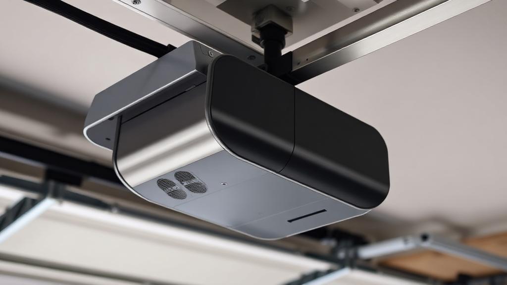 Garage door opener unit mounted on ceiling with visible motor and chain drive mechanism