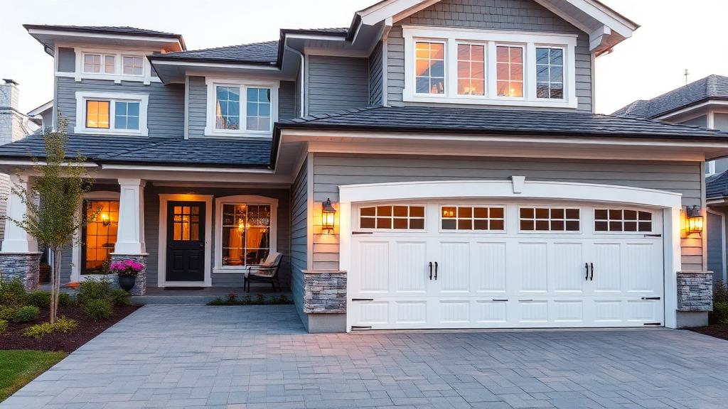 Beautiful custom carriage house style garage doors on colonial home with landscaping