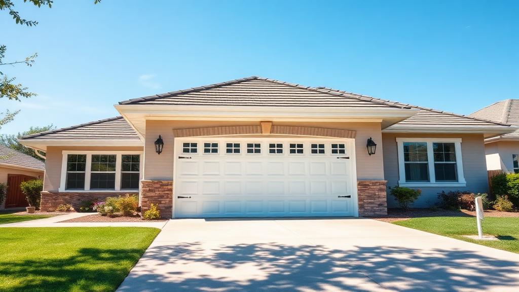Well-maintained residential garage door on sunny summer day with landscaping