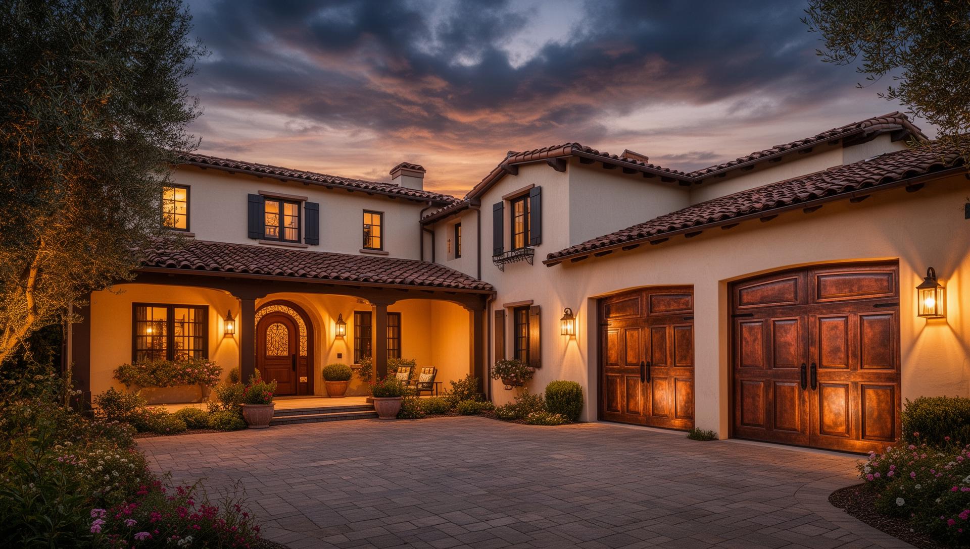 Luxury custom copper-clad garage doors on California Spanish revival home at dusk